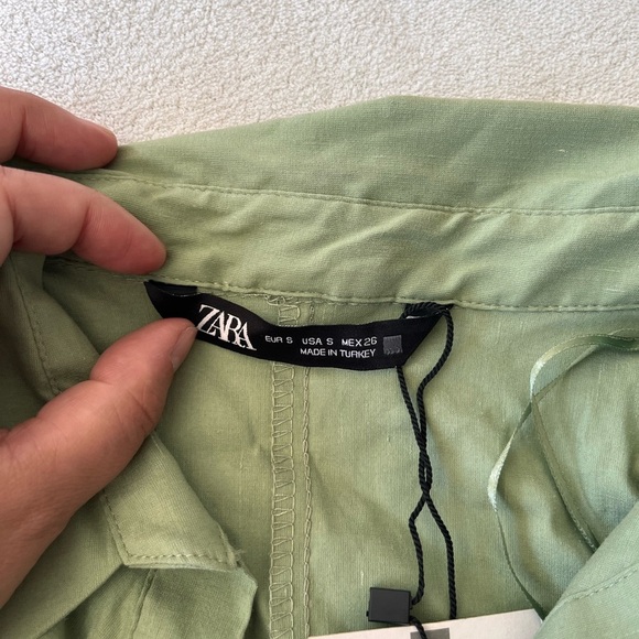 NWT Zara Gathered Linen Blend Shirt Dress S Green Gold Buttons - Picture 9 of 12